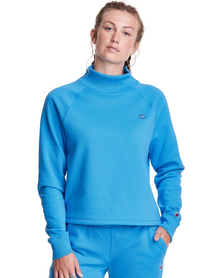 Champion Womens Sweatshirt NZ - Powerblend Fleece Mock Neck Embroidered Logo Blue ( 0672-ACLPY )